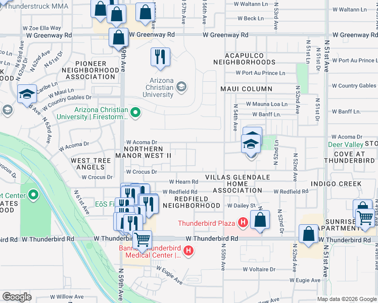 map of restaurants, bars, coffee shops, grocery stores, and more near 5615 West Acoma Drive in Glendale
