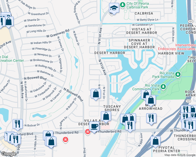 map of restaurants, bars, coffee shops, grocery stores, and more near 9139 West Acoma Drive in Peoria