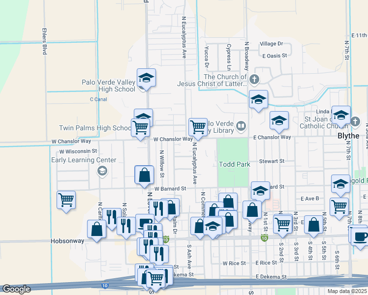 map of restaurants, bars, coffee shops, grocery stores, and more near 481 North Eucalyptus Avenue in Blythe