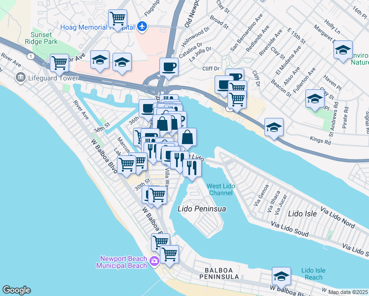 map of restaurants, bars, coffee shops, grocery stores, and more near 3209 Lafayette Avenue in Newport Beach