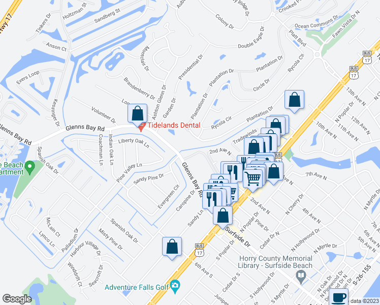 map of restaurants, bars, coffee shops, grocery stores, and more near 202 Glenns Bay Road in Myrtle Beach