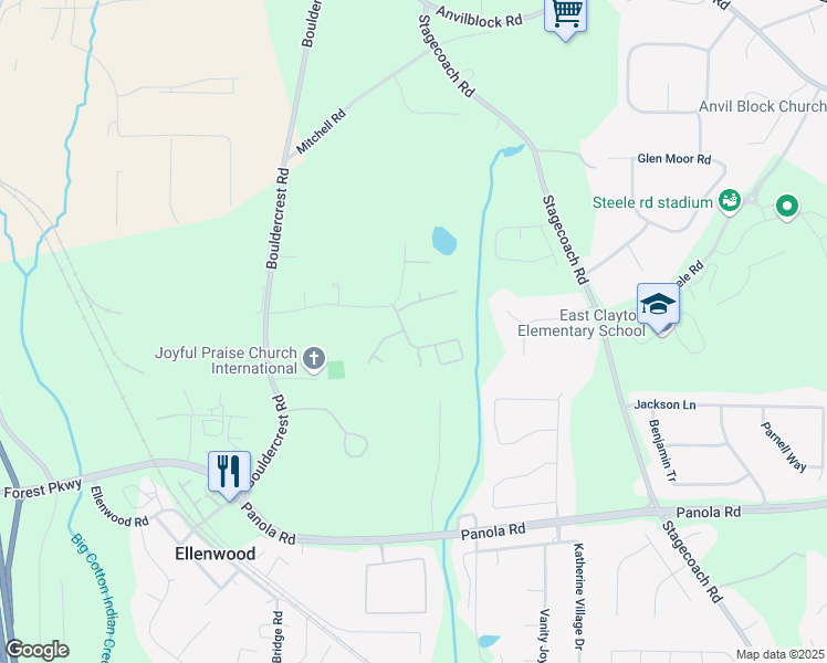 map of restaurants, bars, coffee shops, grocery stores, and more near 5052 Hickory Circle in Ellenwood