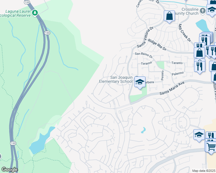 map of restaurants, bars, coffee shops, grocery stores, and more near 5117 Miembro in Laguna Woods