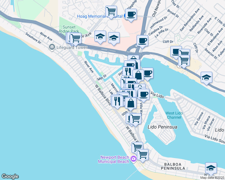 map of restaurants, bars, coffee shops, grocery stores, and more near 223 34th Street in Newport Beach