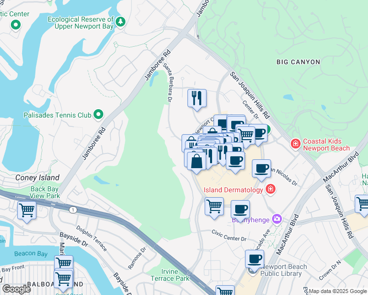 map of restaurants, bars, coffee shops, grocery stores, and more near 900 Newport Center Drive in Newport Beach