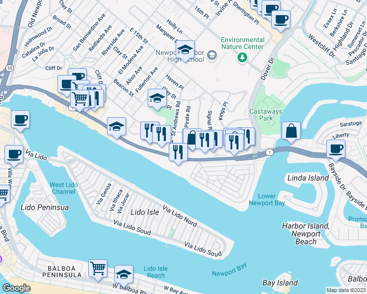map of restaurants, bars, coffee shops, grocery stores, and more near 1101 Kings Road in Newport Beach