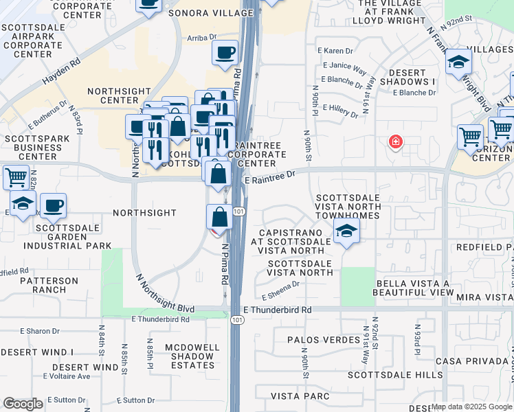 map of restaurants, bars, coffee shops, grocery stores, and more near 8907 East Palm Ridge Drive in Scottsdale