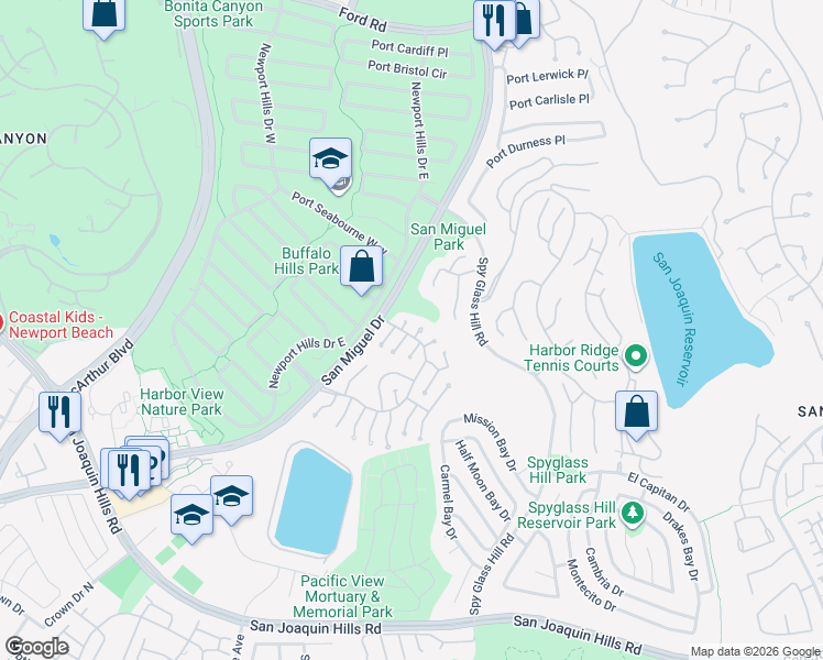 map of restaurants, bars, coffee shops, grocery stores, and more near 2107 Yacht Daphne in Newport Beach