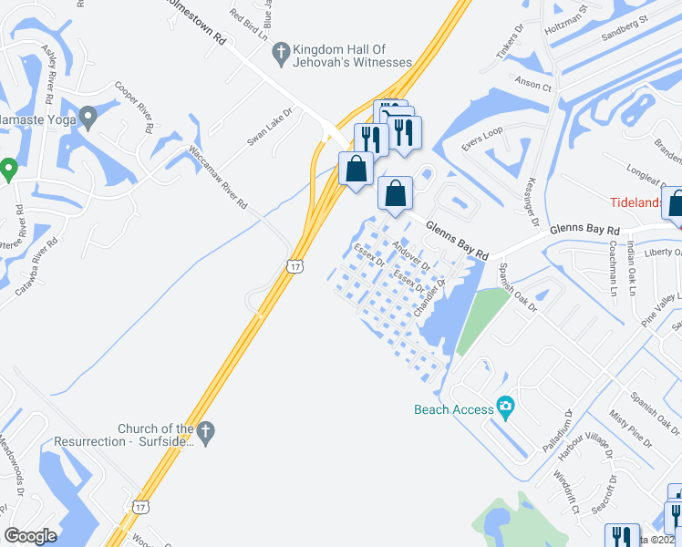 map of restaurants, bars, coffee shops, grocery stores, and more near 2273D Huntingdon Drive in Surfside Beach