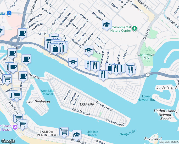 map of restaurants, bars, coffee shops, grocery stores, and more near 1520 West Coast Highway in Newport Beach