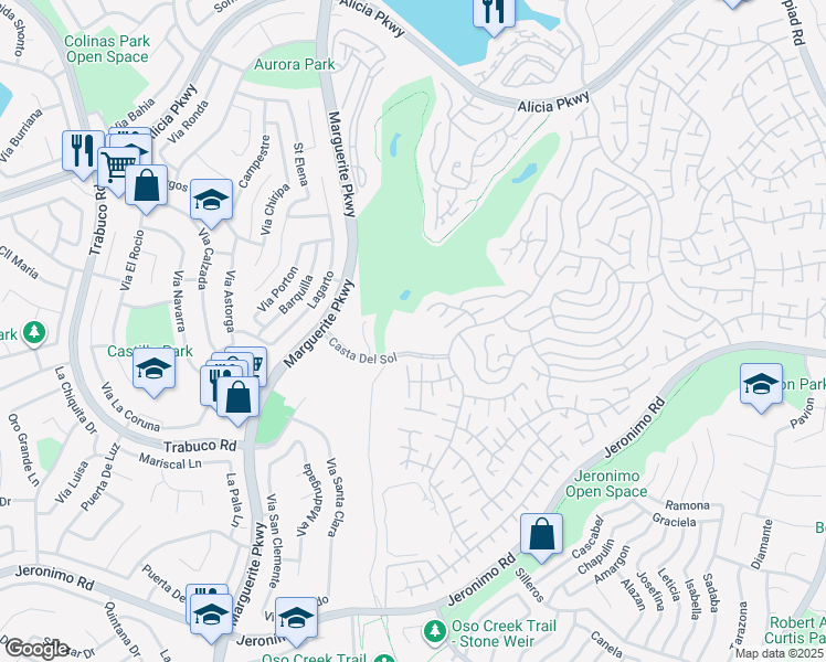map of restaurants, bars, coffee shops, grocery stores, and more near 27669 Casta Del Sol in Mission Viejo