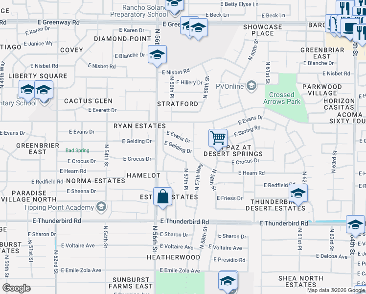 map of restaurants, bars, coffee shops, grocery stores, and more near 5721 East Gelding Drive in Scottsdale