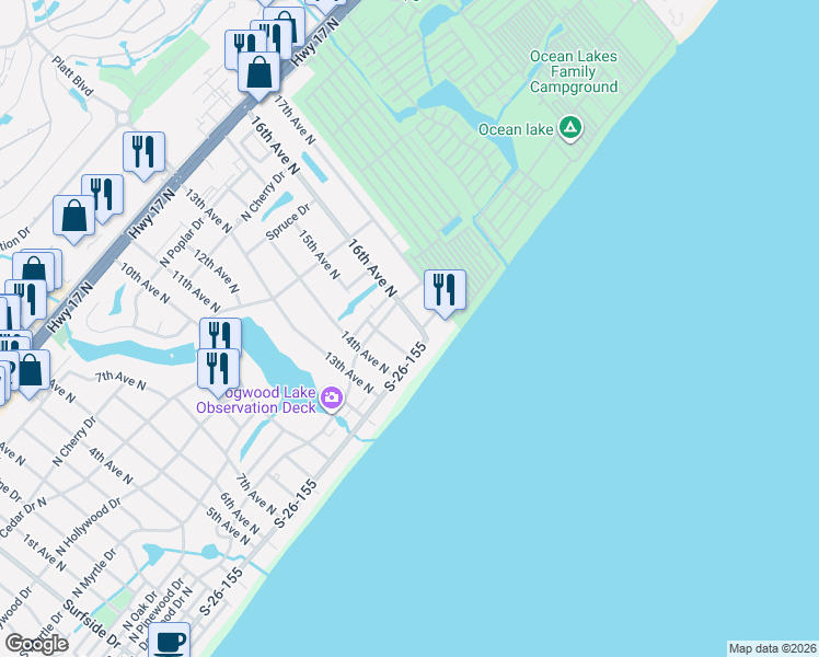 map of restaurants, bars, coffee shops, grocery stores, and more near 116 15th Avenue North in Surfside Beach
