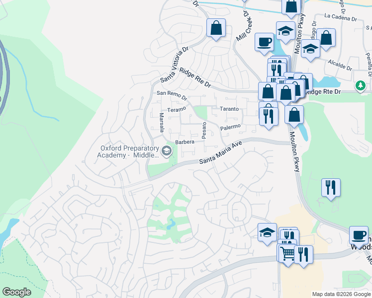 map of restaurants, bars, coffee shops, grocery stores, and more near 22287 Modina in Laguna Hills