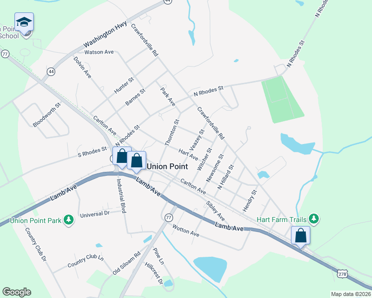 map of restaurants, bars, coffee shops, grocery stores, and more near 108 Veazey Street in Union Point