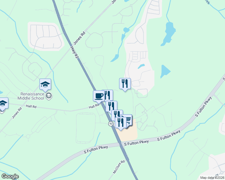 map of restaurants, bars, coffee shops, grocery stores, and more near 809 Bentley Drive in Fairburn