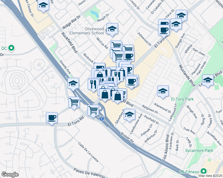 map of restaurants, bars, coffee shops, grocery stores, and more near El Toro Road in Lake Forest