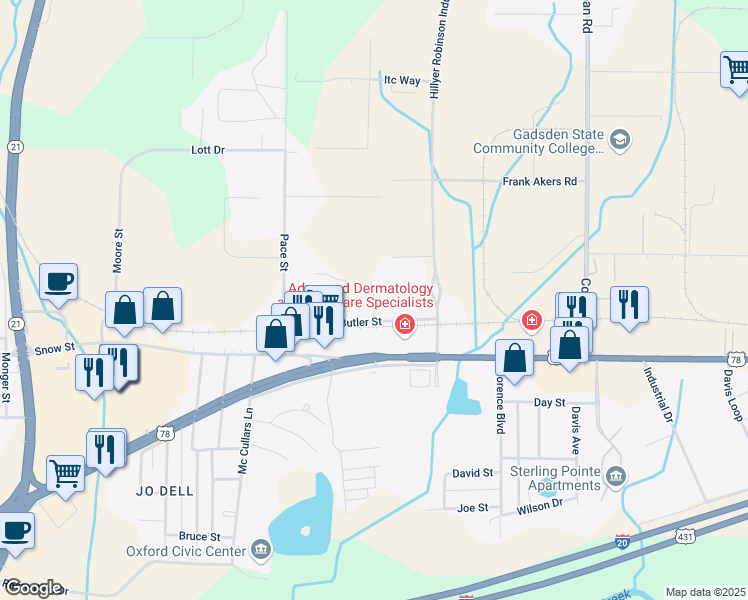 map of restaurants, bars, coffee shops, grocery stores, and more near 101 Pine Lane in Oxford