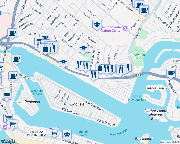 map of restaurants, bars, coffee shops, grocery stores, and more near 1221 Kings Road in Newport Beach