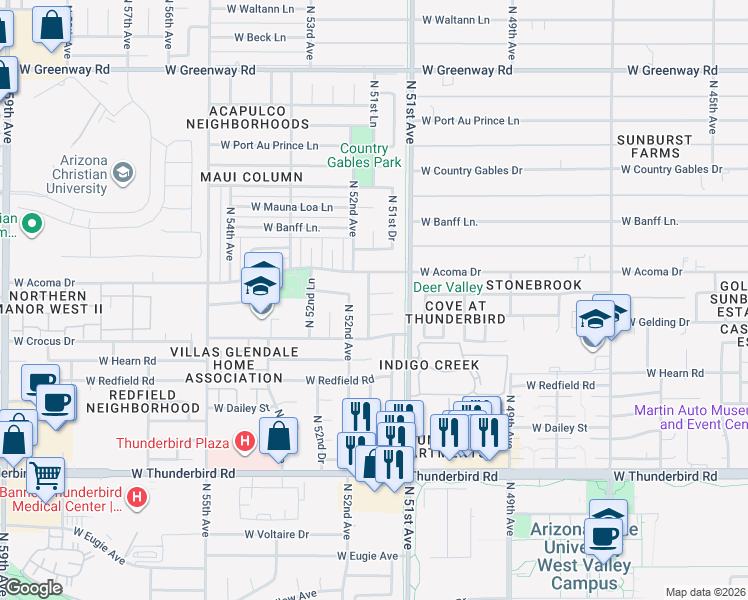 map of restaurants, bars, coffee shops, grocery stores, and more near 5123 West Evans Drive in Glendale