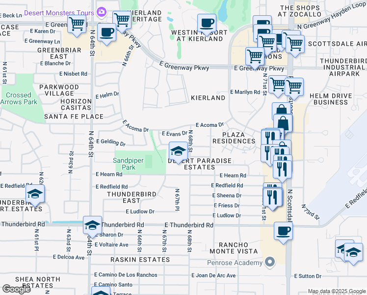 map of restaurants, bars, coffee shops, grocery stores, and more near 6804 East Winchcomb Drive in Scottsdale