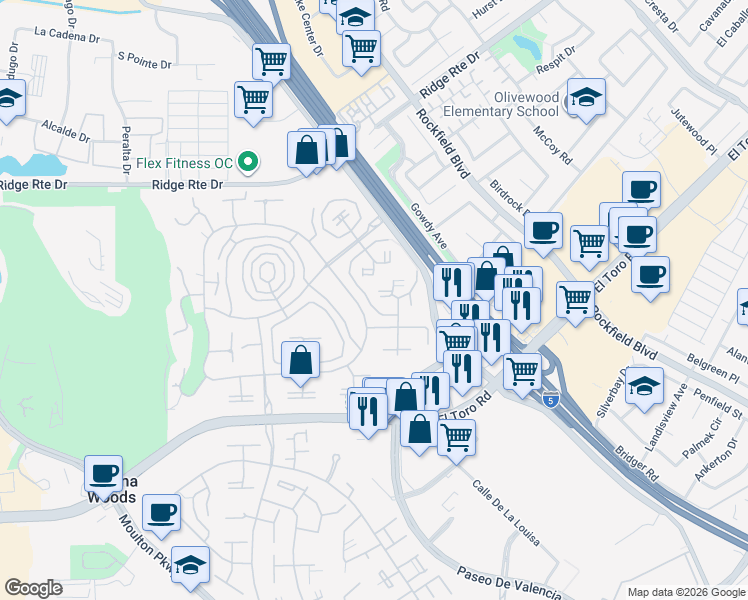 map of restaurants, bars, coffee shops, grocery stores, and more near 2105 Ronda Granada in Laguna Woods