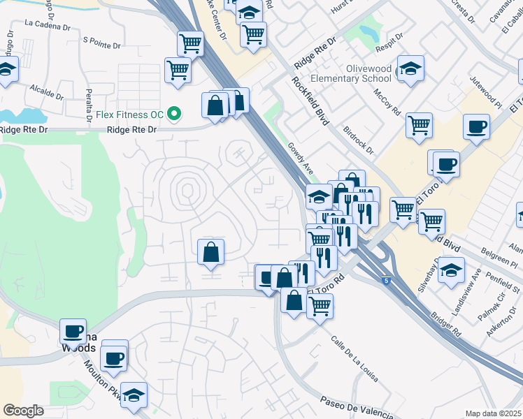 map of restaurants, bars, coffee shops, grocery stores, and more near Ronda Granada in Laguna Woods