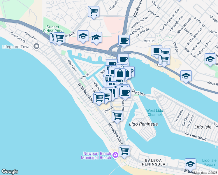 map of restaurants, bars, coffee shops, grocery stores, and more near in Newport Beach