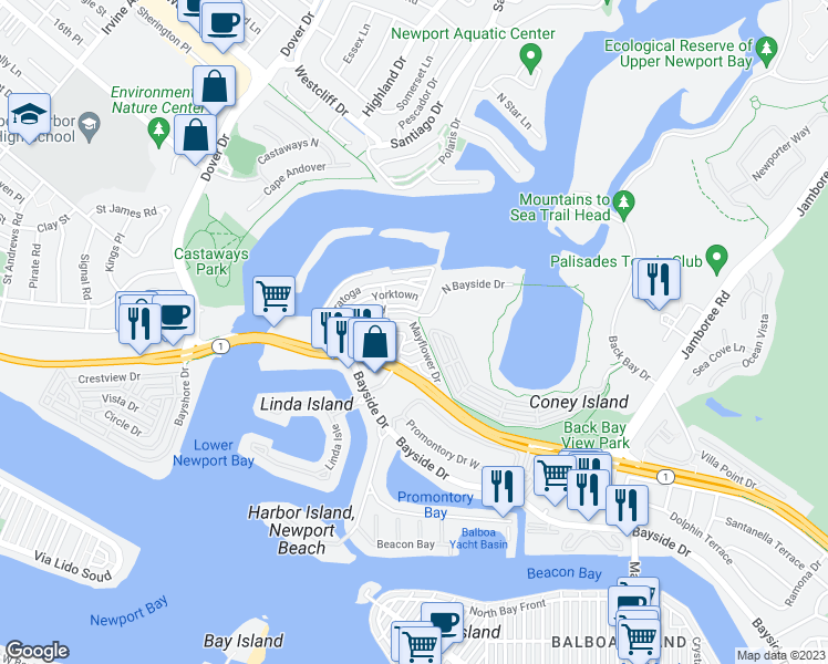 map of restaurants, bars, coffee shops, grocery stores, and more near 265 Mayflower Drive in Newport Beach