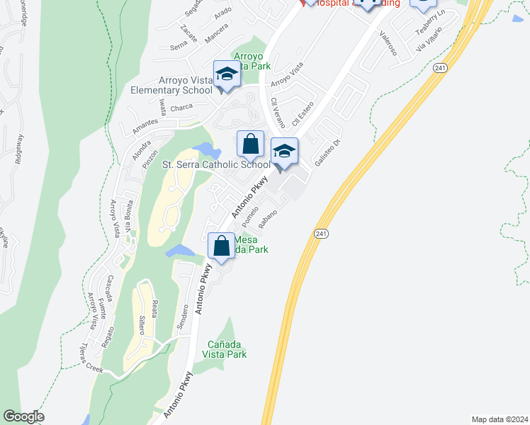 map of restaurants, bars, coffee shops, grocery stores, and more near 61 Rabano in Rancho Santa Margarita
