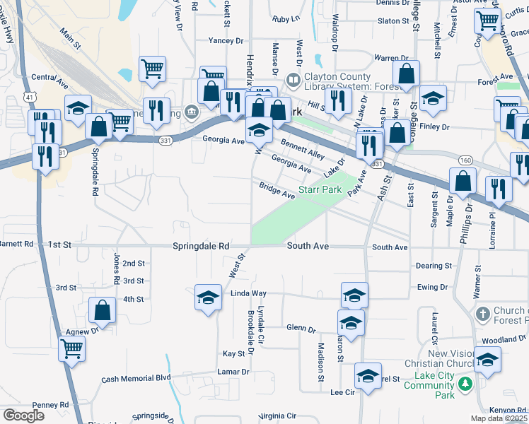 map of restaurants, bars, coffee shops, grocery stores, and more near 5085 Lake Drive in Forest Park