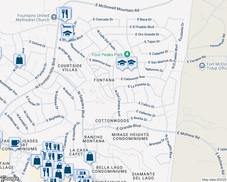 map of restaurants, bars, coffee shops, grocery stores, and more near 14211 North Calle Del Oro in Fountain Hills