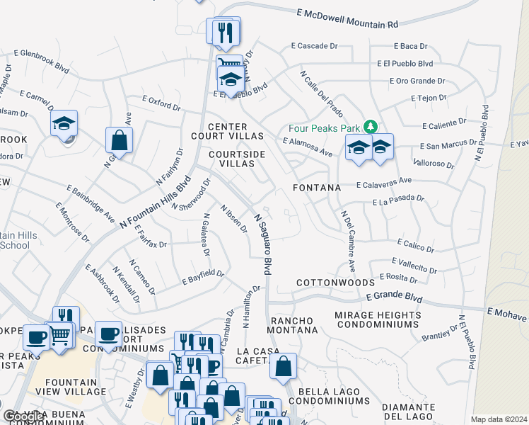 map of restaurants, bars, coffee shops, grocery stores, and more near 14258 North Boxwood Lane in Fountain Hills