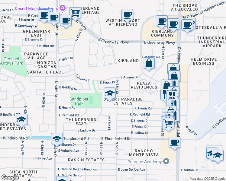 map of restaurants, bars, coffee shops, grocery stores, and more near 6804 East Winchcomb Drive in Scottsdale