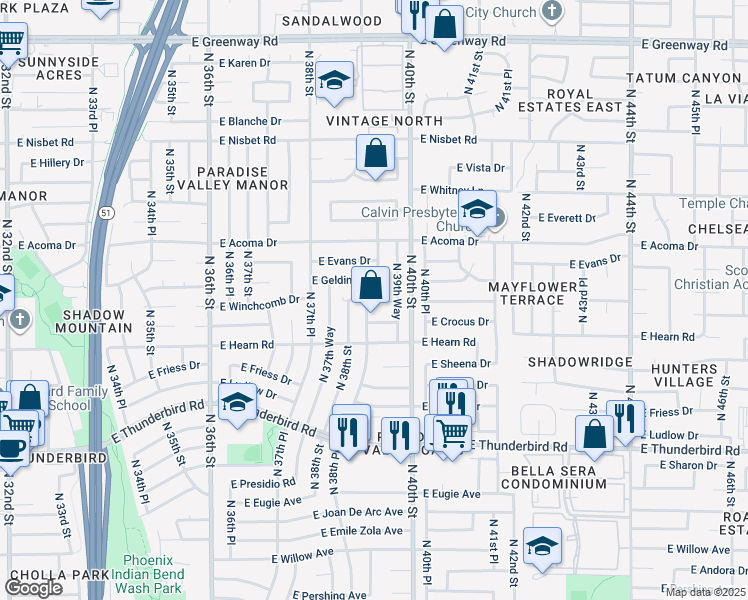 map of restaurants, bars, coffee shops, grocery stores, and more near 3834 East Crocus Drive in Phoenix