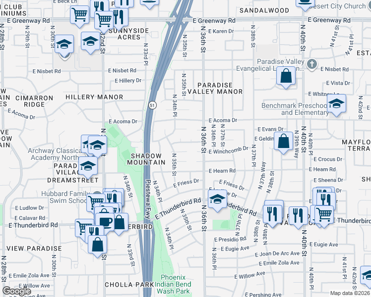 map of restaurants, bars, coffee shops, grocery stores, and more near 3515 East Winchcomb Drive in Phoenix