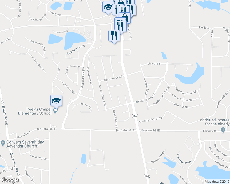 map of restaurants, bars, coffee shops, grocery stores, and more near 2788 Coventry Green Southeast in Conyers