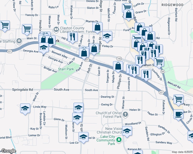 map of restaurants, bars, coffee shops, grocery stores, and more near 5039 East Street in Forest Park