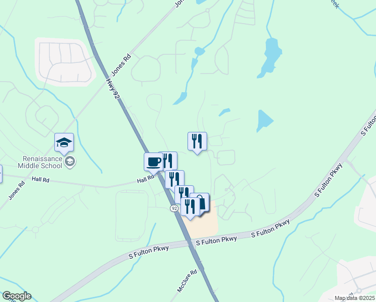 map of restaurants, bars, coffee shops, grocery stores, and more near 623 Wayland Court in Fairburn