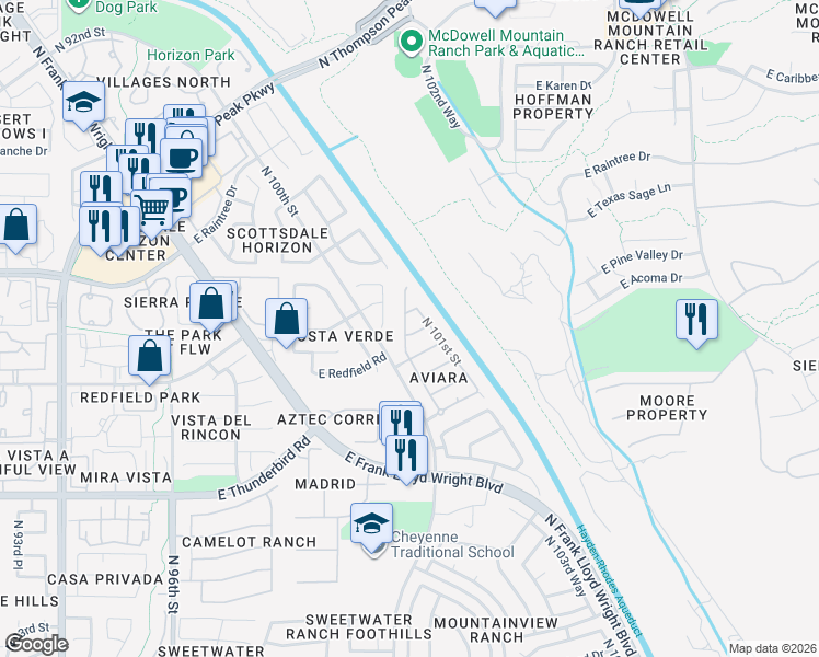 map of restaurants, bars, coffee shops, grocery stores, and more near 10058 East Redfield Drive in Scottsdale