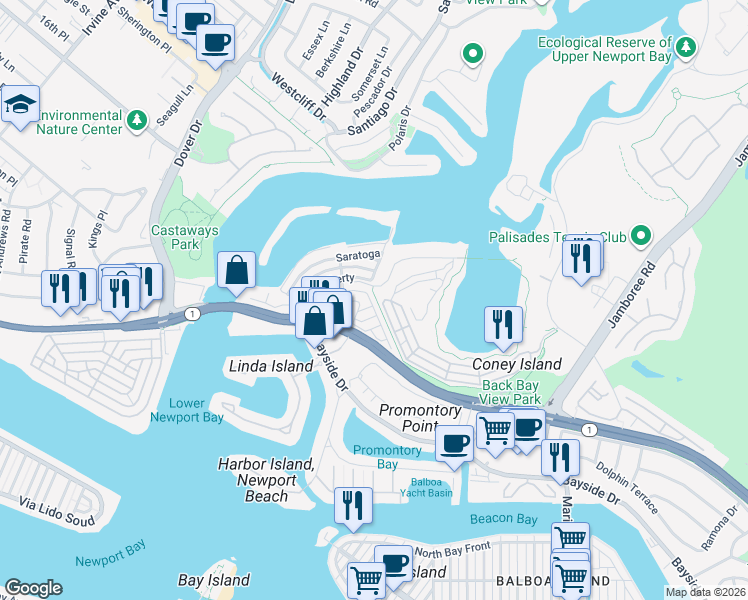 map of restaurants, bars, coffee shops, grocery stores, and more near 259 Mayflower Drive in Newport Beach