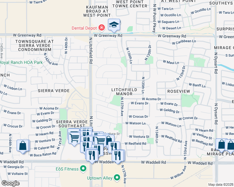 map of restaurants, bars, coffee shops, grocery stores, and more near 14635 North 138th Lane in Surprise