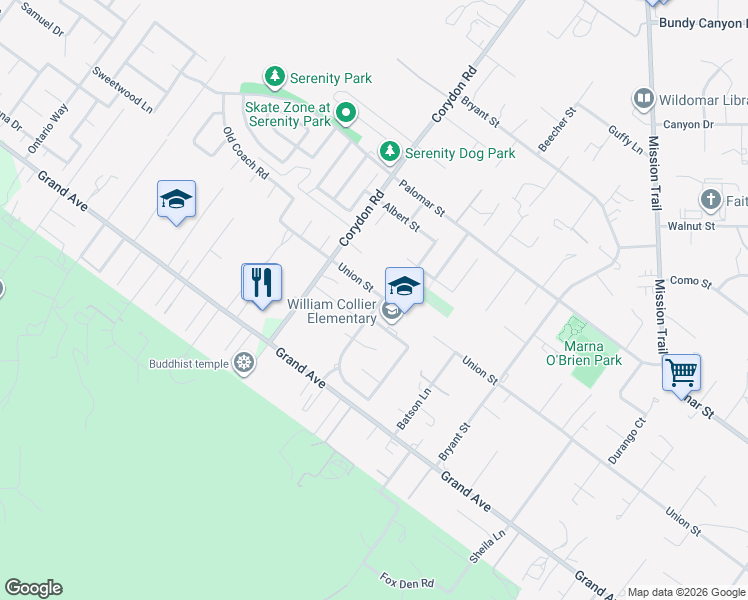 map of restaurants, bars, coffee shops, grocery stores, and more near 32755 Trailwood Court in Wildomar