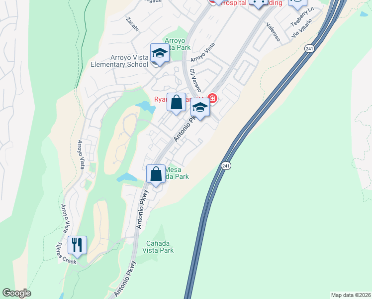 map of restaurants, bars, coffee shops, grocery stores, and more near 57 Rabano in Rancho Santa Margarita
