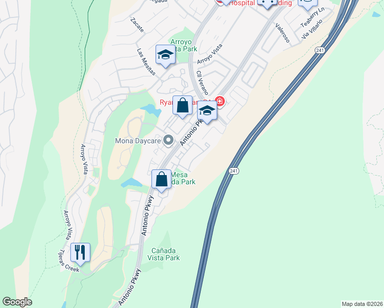 map of restaurants, bars, coffee shops, grocery stores, and more near 61 Rabano in Rancho Santa Margarita