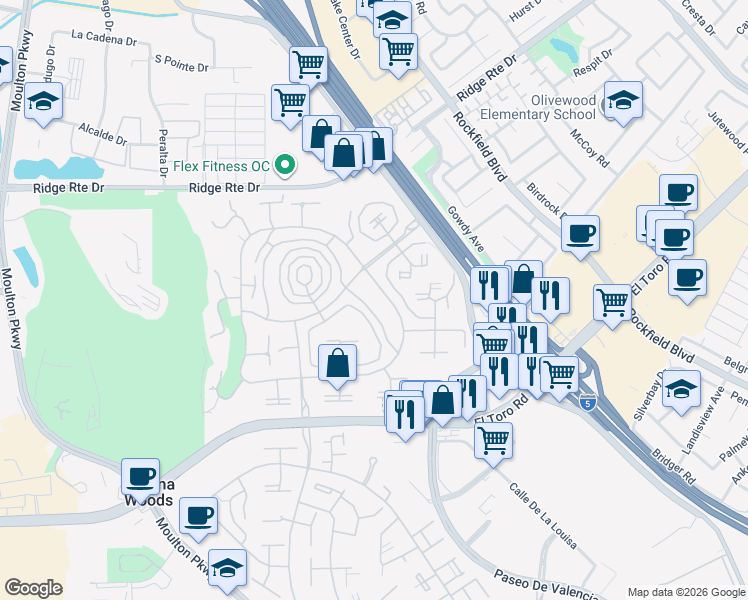 map of restaurants, bars, coffee shops, grocery stores, and more near 2164 Via Mariposa East in Laguna Woods