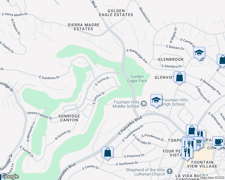 map of restaurants, bars, coffee shops, grocery stores, and more near 15765 East Cactus Drive in Fountain Hills