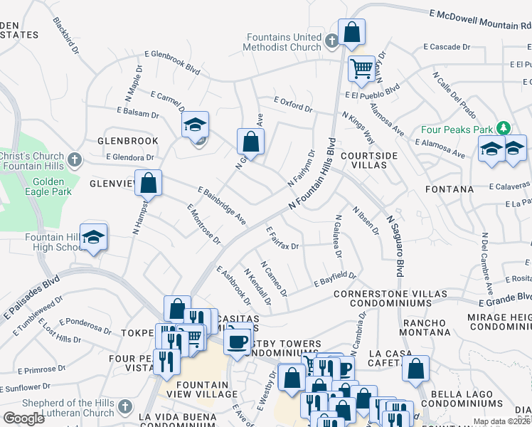 map of restaurants, bars, coffee shops, grocery stores, and more near 14252 North Edgeworth Drive in Fountain Hills