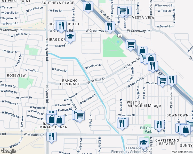 map of restaurants, bars, coffee shops, grocery stores, and more near 12549 West Mandalay Lane in El Mirage
