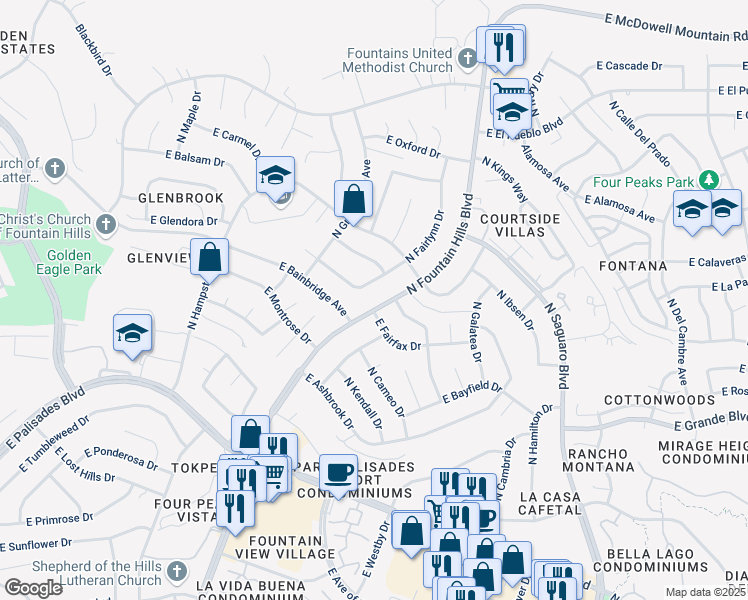 map of restaurants, bars, coffee shops, grocery stores, and more near 14250 North Fountain Hills Boulevard in Fountain Hills